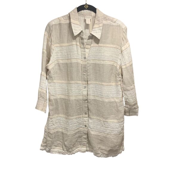 Chicos Womens Linen Blend Coastal Button Down 3/4 Sleeve Neutral Shirt L Travel - Picture 1 of 6